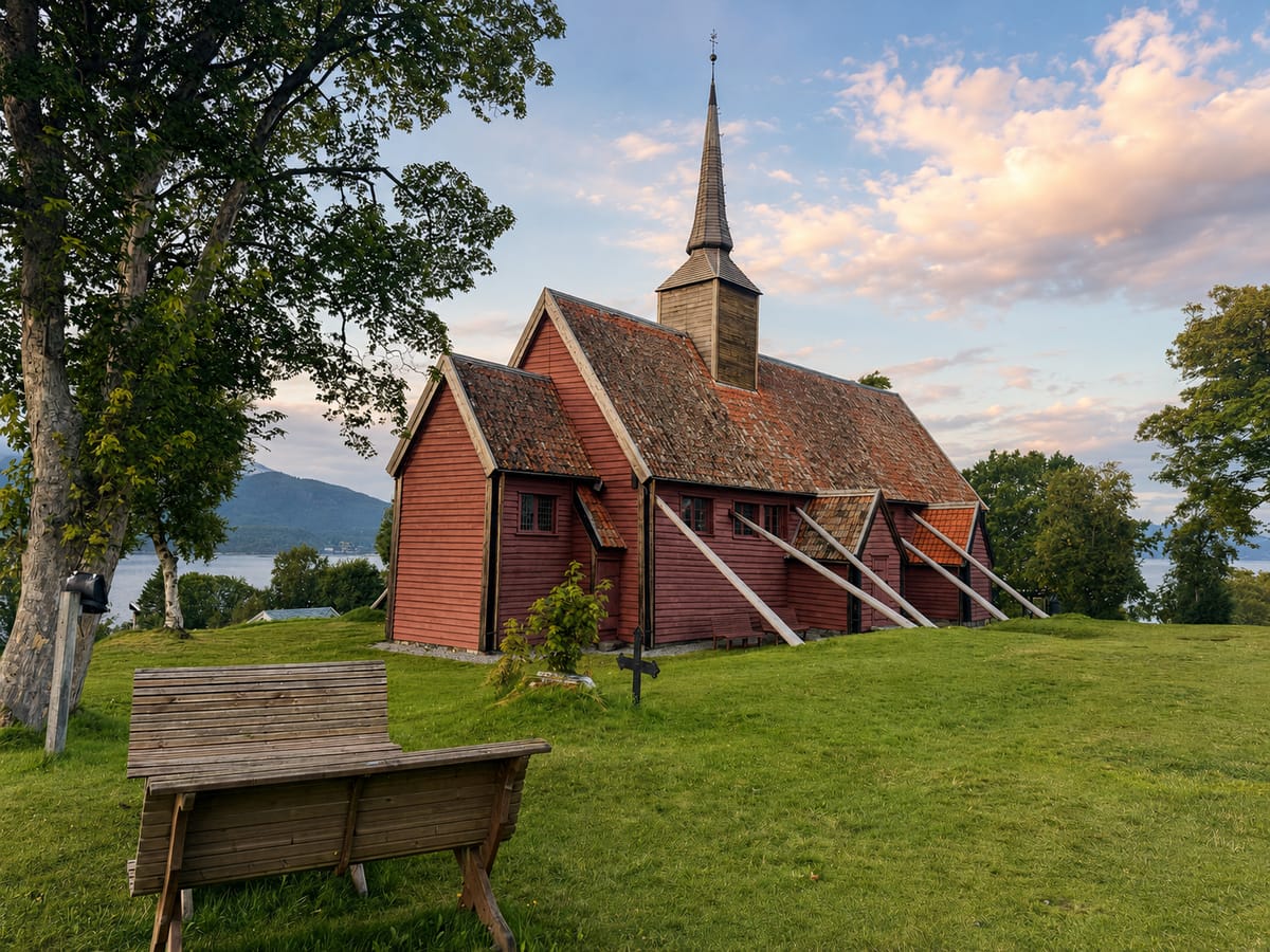 A bench facing Kvernes Stave Church