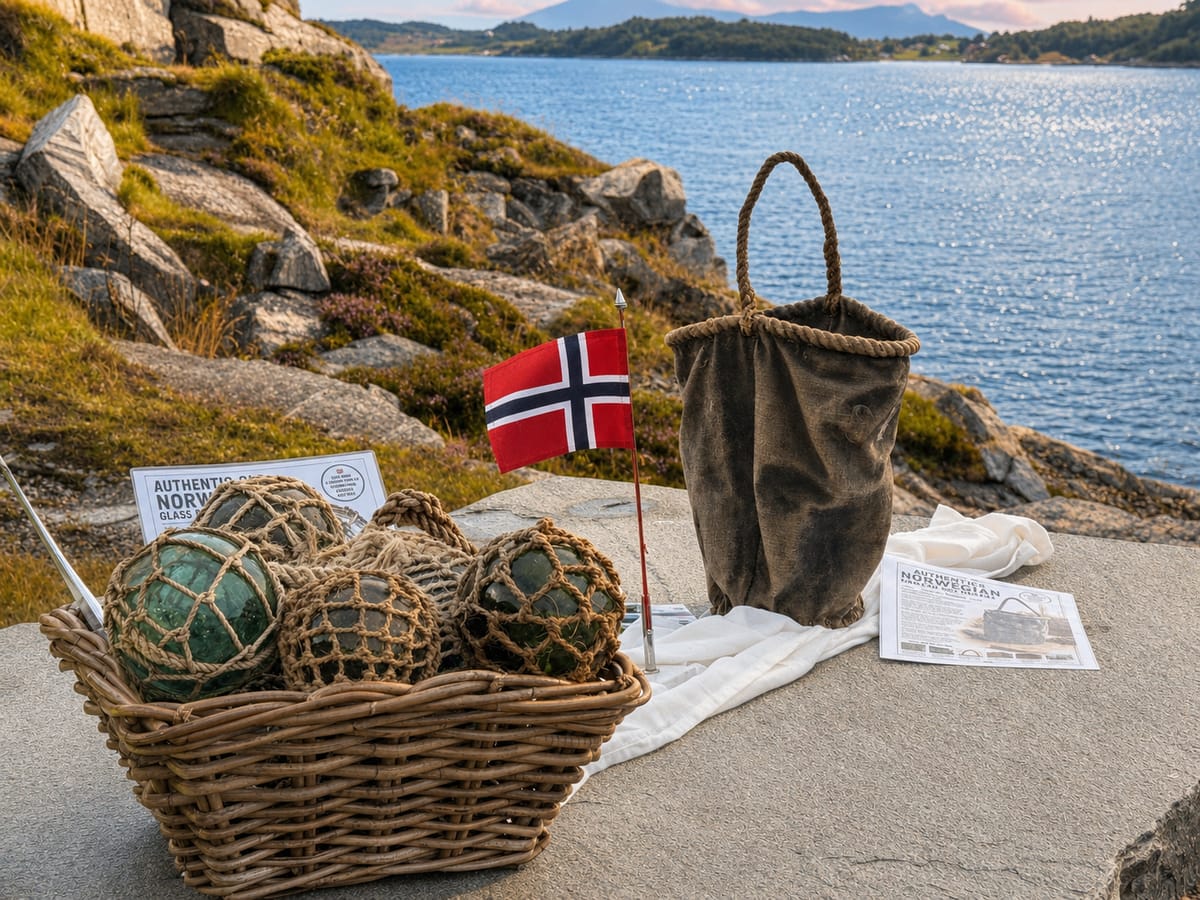 Fishing basket, glass floats and a Norwegian flag on the rocks