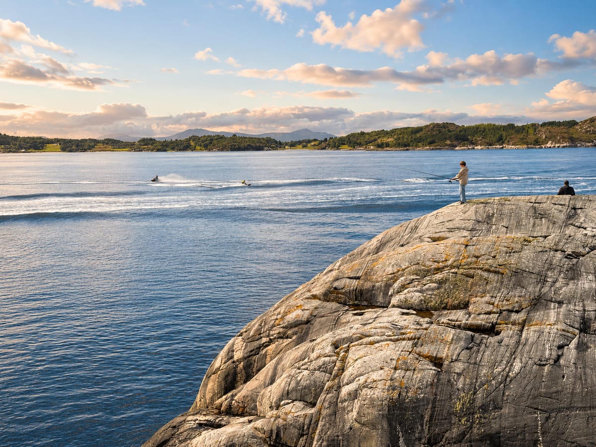 Golden evening light over the rocks and open sea at Klubba
