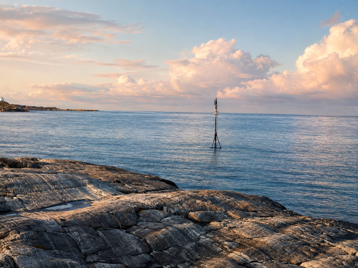Wide view over the sea and coastal rocks at Klubba