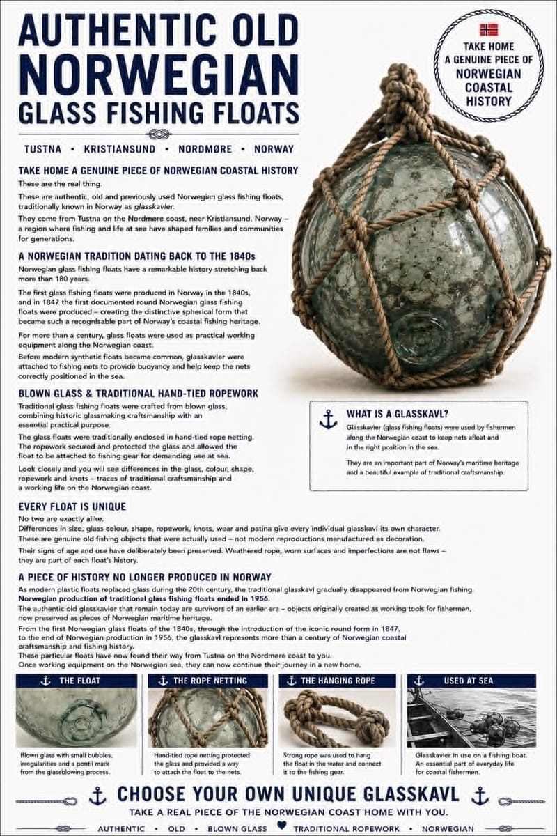 Information sheet about authentic old Norwegian glass fishing floats — glasskavler — from Tustna on the Nordmøre coast